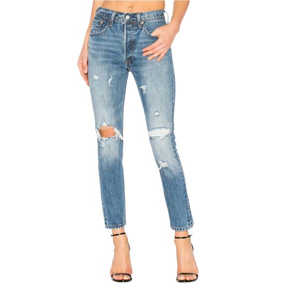 Levi's Pacific Ocean Blue Distressed High Rise 501 Skinny Jeans - Picture 1 of 12